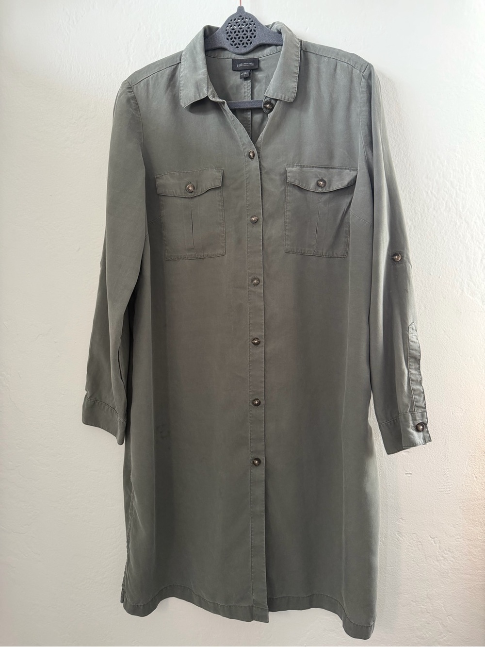 J. Jill Wearever Collection Shirt Dress Small Olive Green 100% Tencel Lyocell